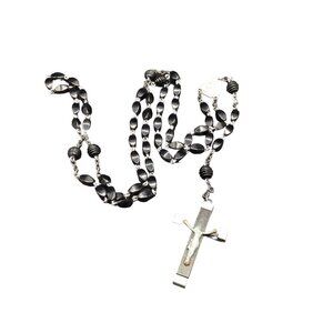Black Rosary Necklace Religious Prayer Jewelry Plastic Necklace Made in France